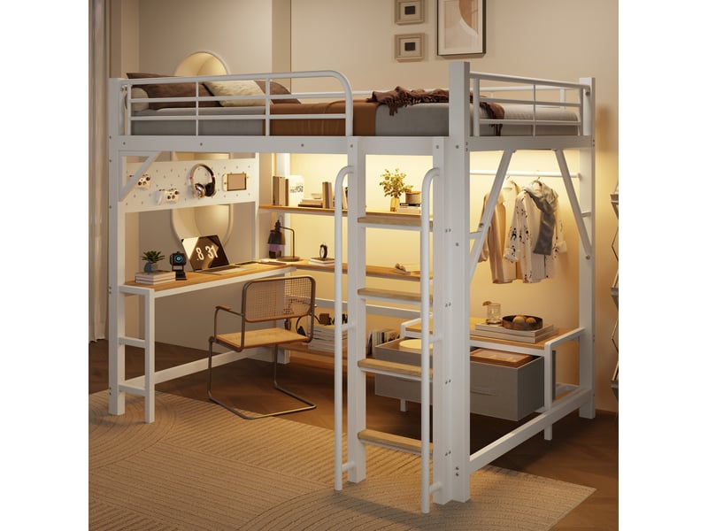  Lit mezzanine 140x200 cm, garde-corps, tiroirs en tissu, bureau, avec éclairage led, usb, espaces de rangement, métal et mdf, blanc sans matelas  - Conforama B