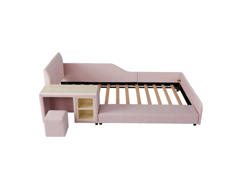  Lit capitonné, lit simple avec bureau et tabouret pour enfant, étagère de rangement, tête de lit rembourrée, sommier à lattes en bois, velours rose, 90 x 200 cm  - Conforama D