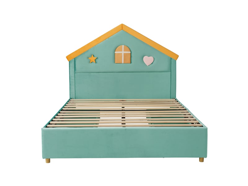  Lit cabane enfant rembourré 140×200 cm avec 4 tiroirs, velours bleu canard  - Conforama A