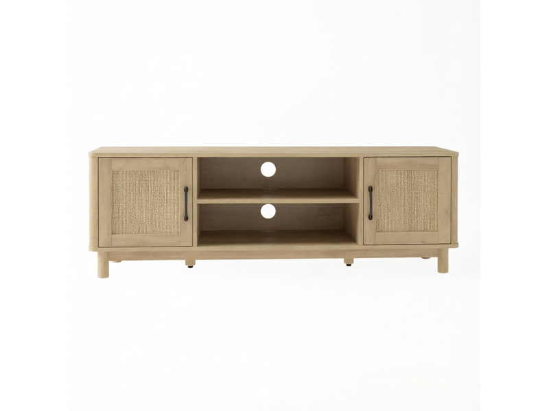  Meuble tv 135 x 39 x 45 cm, chêne clair, portes en rotin et niches ouvertes  - Conforama A