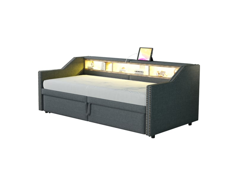  Lit enfant gigogne 90 x 200 cm, rangements latéraux led+usb, sommier lattes, tissu lin, gris foncé sans matelas  - Conforama A