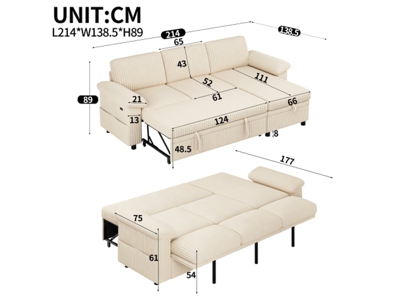  Canapé d'angle réversible convertible 3 places tissu beige coffre de rangement  - Conforama C