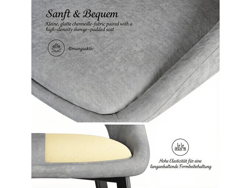  Chaise de salle à manger lot de 4 avec accoudoirs  - dossier enveloppant pieds en bois chenille gris  - Conforama E