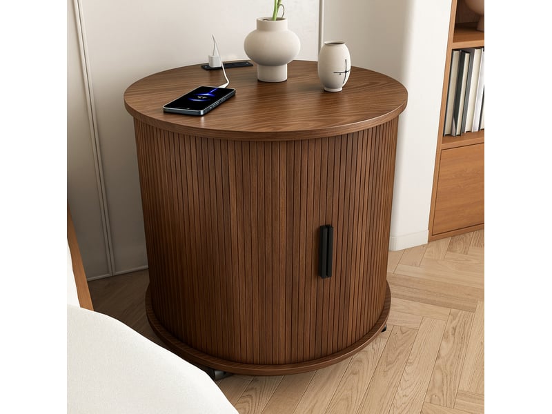 Table de chevet ronde 60x60x60 cm coloris noyer avec prise et 2 ports usb - Conforama D