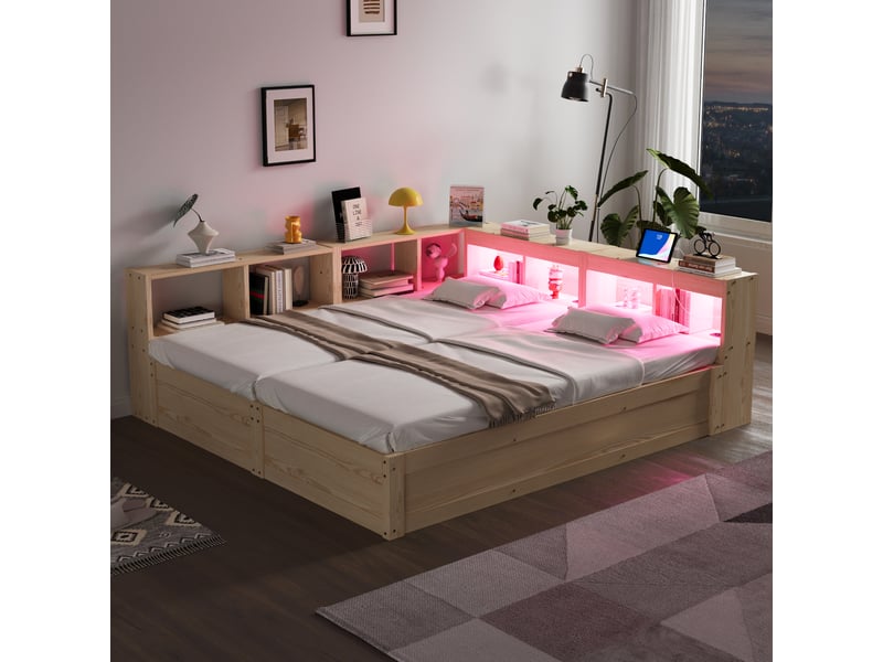  Canapé-lit 90180x200 cm, lit enfant, couchage d'appoint, rangement hydraulique, led, bois naturel, prise intégrée  - Conforama D