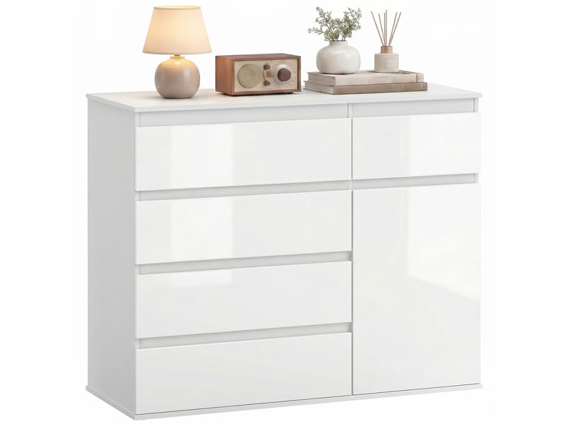  Buffet, meuble à 5 tiroirs, étagère réglable, blanc brillant.  - Conforama A