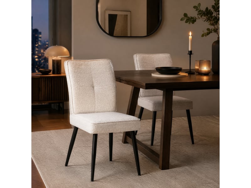  Lot de 2 chaises de salle à manger en chenille et métal blanc crème  - Conforama B