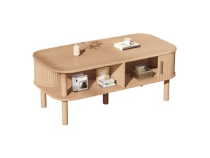 Table basse avec porte coulissante, niche ouverte et rangement fermé, style scandinave, salon, mdf, bois naturel, 110 × 55 × 45 cm
