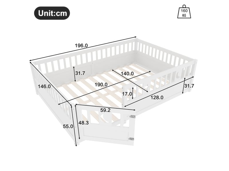  Lit enfant 140 x 190 cm avec barrière verrouillable, étoiles et lune, blanc  - Conforama C