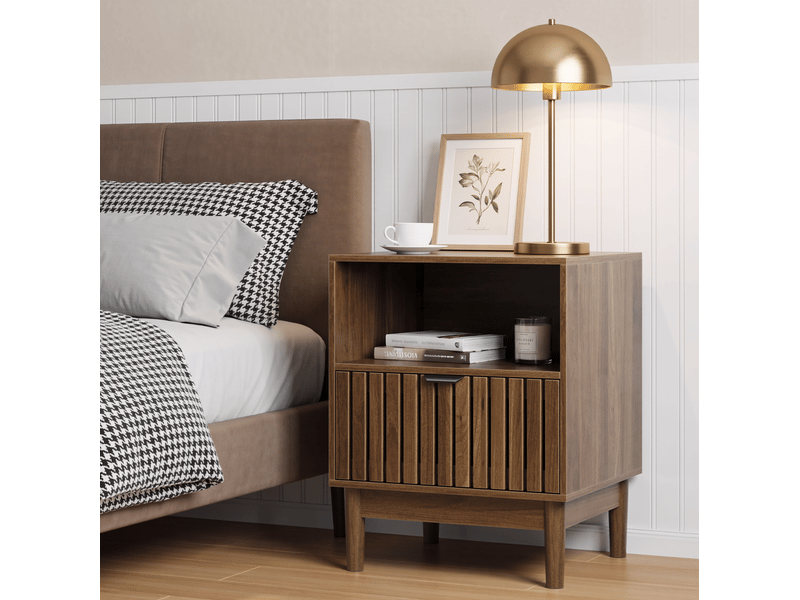  Table de chevet noyer 45 x 39 x 56,5 cm avec tiroir, niche ouverte et pieds en bois  - Conforama D