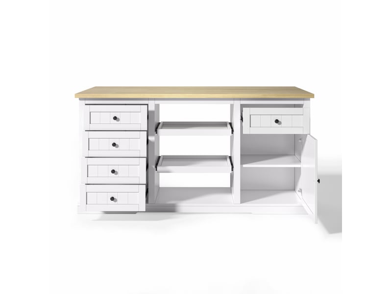 Îlot de cuisine 150x65x75,5 cm blanc et naturel en mdf, 5 tiroirs, 2 plateaux coulissants et prise intégrée - Conforama D