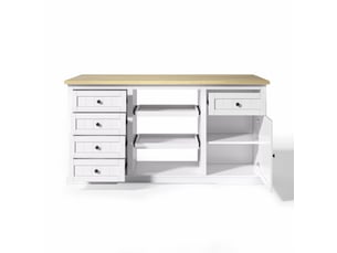 Îlot de cuisine 150x65x75,5 cm blanc et naturel en mdf, 5 tiroirs, 2 plateaux coulissants et prise intégrée