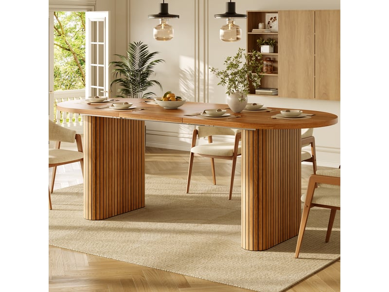  Table de salle à manger extensible 120-160x80x75,5 cm, plateau ovale effet bois à relief vertical, supporte 60 kg, mdf et métal, marron Sol Morn - Conforama B
