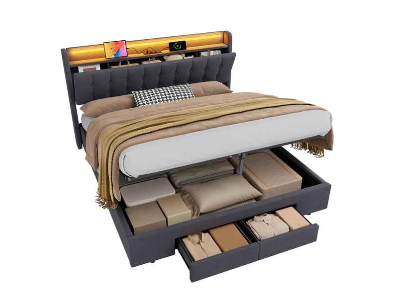  Lit rembourré ulevr 180x200 cm avec rangement, 2 tiroirs, usb et éclairage led, velours gris foncé  - Conforama A