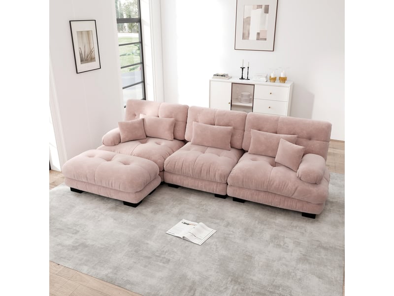 Canapé nuage d'angle modulable 3 places 313x145x81 cm avec pouf mobile, assise profonde, accoudoirs arrondis, chenille rose Radiant Stride - Conforama B
