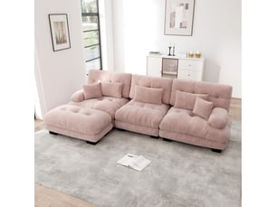 Canapé nuage d'angle modulable 3 places 313x145x81 cm avec pouf mobile, assise profonde, accoudoirs arrondis, chenille rose