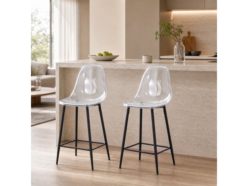  Tabouret de bar transparent avec repose-pieds et structure métallique, design moderne en plastique noir  - Conforama C