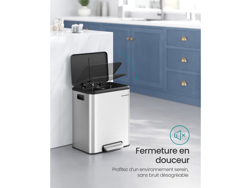  Poubelle de cuisine double recyclage 41,7 x 33,2 x 49,4 cm avec pédale ergonomique design moderne en acier argent 12_0011991  - Conforama C