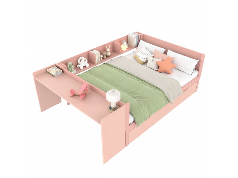  Lit double 140x200 avec lit gigogne, bureau intégré et 3 étagères, sans matelas, rose  - Conforama A