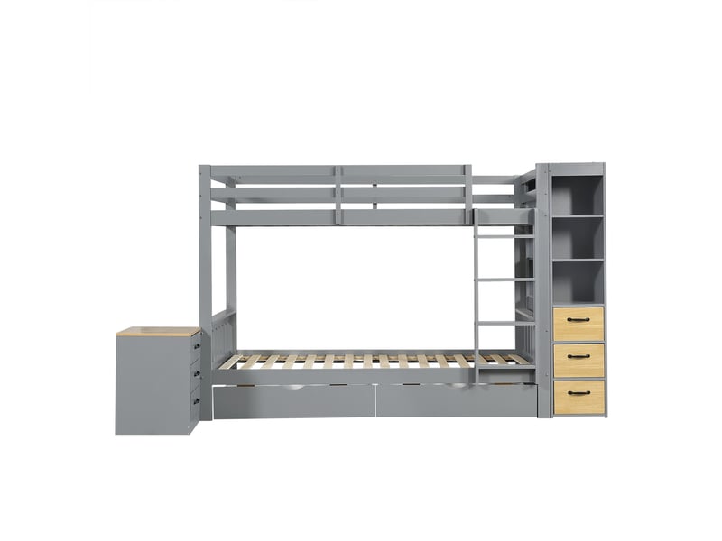 Lit superposé en bois 90×200 cm avec 2 tiroirs, rangements et échelle, gris - Conforama A