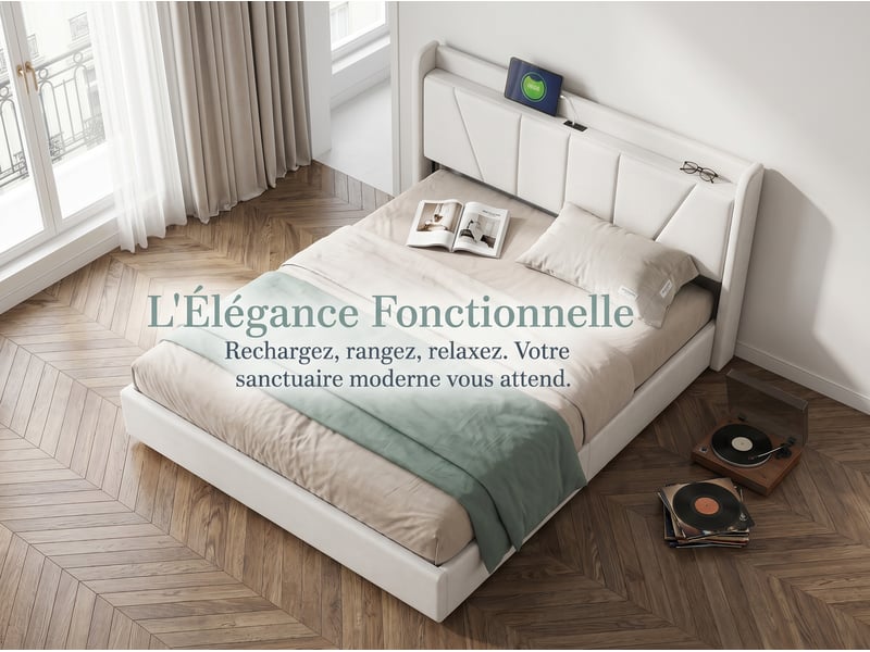  Lit coffre 160x200 cm - ports usb + type-c - tête de lit avec étagère - sommier relevable  - Conforama D