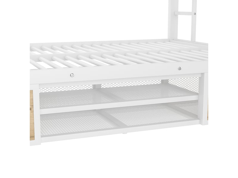  Lit superposé 90 × 200 et 140 × 200 cm, meuble à chaussures, rangements, barrières, échelle, métal et mdf, blanc  - Conforama E