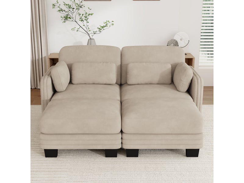 Canapé droit modulable 176 cm 2 places avec 2 poufs, coussins d’accoudoir amovibles, coussins lombaires épais à soutien renforcé, chenille, marron clair - Conforama C