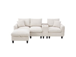 Canapé d'angle convertible 4 places en velours côtelé beige, console usb, pouf coffre pour le salon