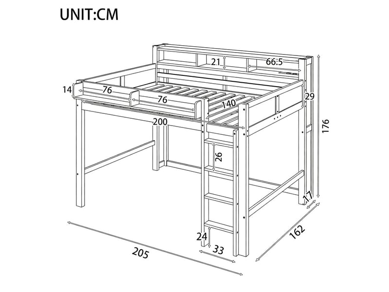  Grand lit mezzanine en bois 140x200 cm avec étagères éclairage led et port usb blanc  - Conforama C