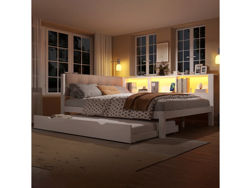  Lit de jour 140x200cm avec lit gigogne, led dimmable, étagère pratique et usb, sans matelas, blanc, bois de pin  - Conforama E