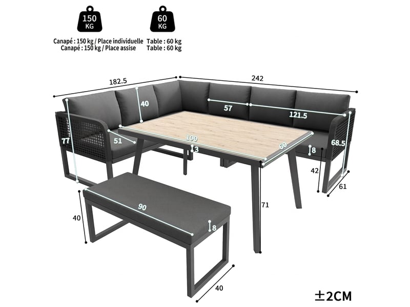  Ensemble de mobilier de jardin pour 6 à 8 personnes, gris, salon de jardin en polyrotin avec table et banc, résistant aux intempéries, 121,5 x 61 x 77 cm  - Conforama C
