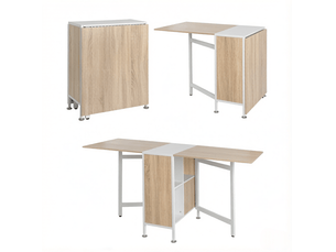 Table à manger pliante extensible 170 cm avec 4 niches, blanc et chêne clair