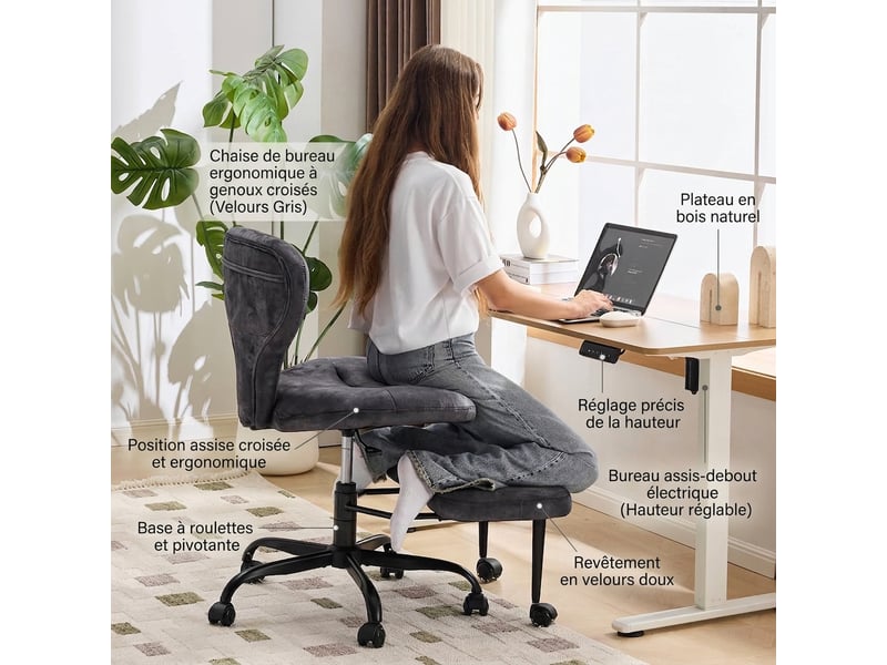  Chaise de bureau grise de méditation adulte avec roulettes silencieuses, hauteur réglable et repose-pieds rétractable  - Conforama D