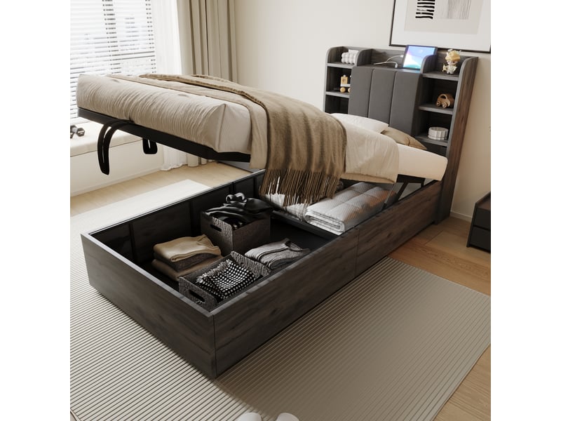 Lit coffre 90 x 200 cm, coffre à relevage hydraulique, ports usb, étagères de rangement, sommier à lattes, pour la chambre, mdf, gris ABC - Conforama E