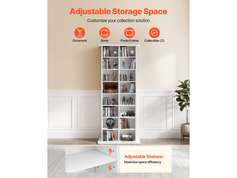 Vevor bibliotheque etagere, meuble de rangement multimedia a 8 niveaux, 559x222x1295 mm, armoire biblio pour cd, dvd, livres, jeux, collections, etageres reglables pour bureau, chambre, salon, blanc - Conforama B