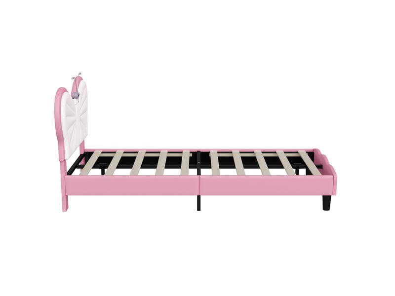  Lit simple 90x200, 2 lampe de lecture, lit enfant rembourré avec tête de lit papillon réglable, style moderne scandinavo, rose  - Conforama A