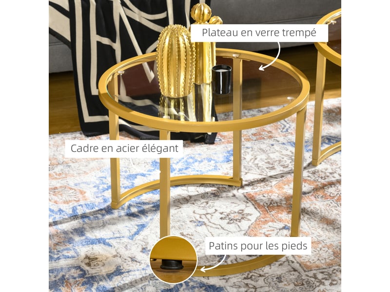 Lot de 2 tables basses gigognes rondes plateau trempé verre et pied en acier au carbone doré  - Conforama E