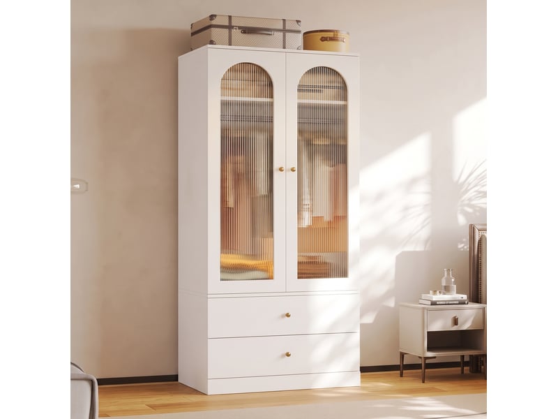  Armoire à portes battantes 89,5x50,5x200 cm, 2 tiroirs, 2 portes vitrées, barre de penderie, mdf blanc, chambre déco  - Conforama B