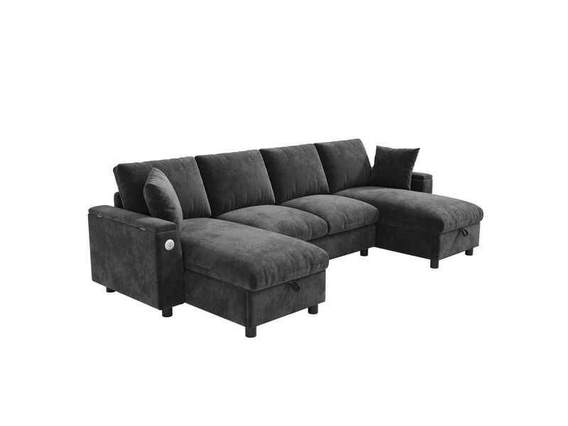  Canapé panoramique 2 places gris en chenille, 279 × 135 × 84 cm, avec rangement et usb et type-c, pour salon  - Conforama A