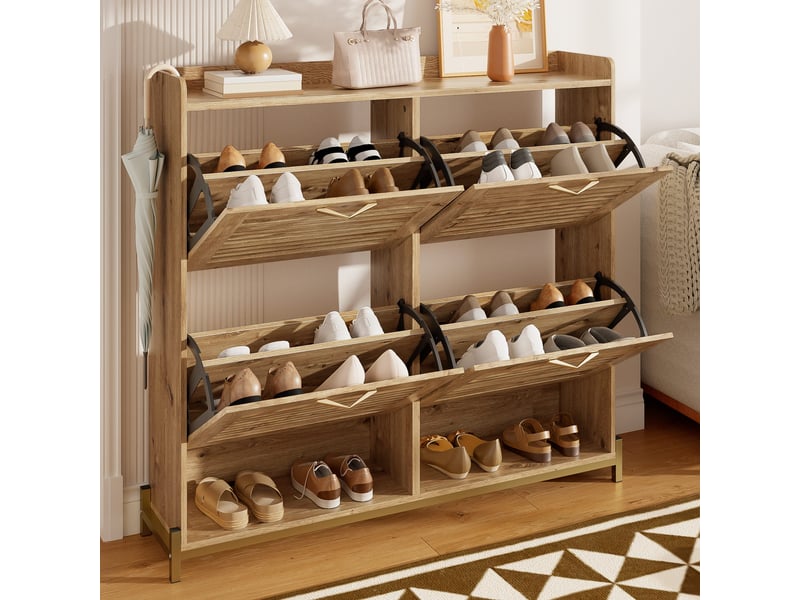  Meuble à chaussures 108,5x24x100 cm, 4 portes à lattes, cadre métal et plateau supérieur, rangement pour entrée et couloir - bois  - Conforama B