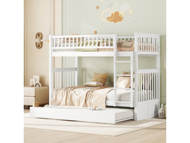  Lits superposés avec lit gigogne 90x200 cm, lit enfant triples avec escaliers, garde-corps haut escalier stable, amovible, blanc  - Conforama E