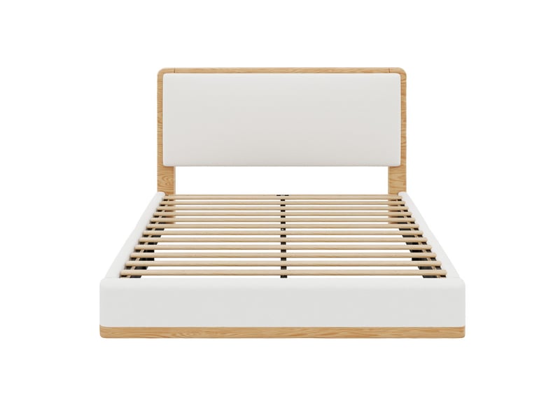  Lit double rembourré 140x200 - lit adulte avec tête de lit rembourrée - mdf+pu - tissu teddy - blanc+naturel (sans matelas)  - Conforama E