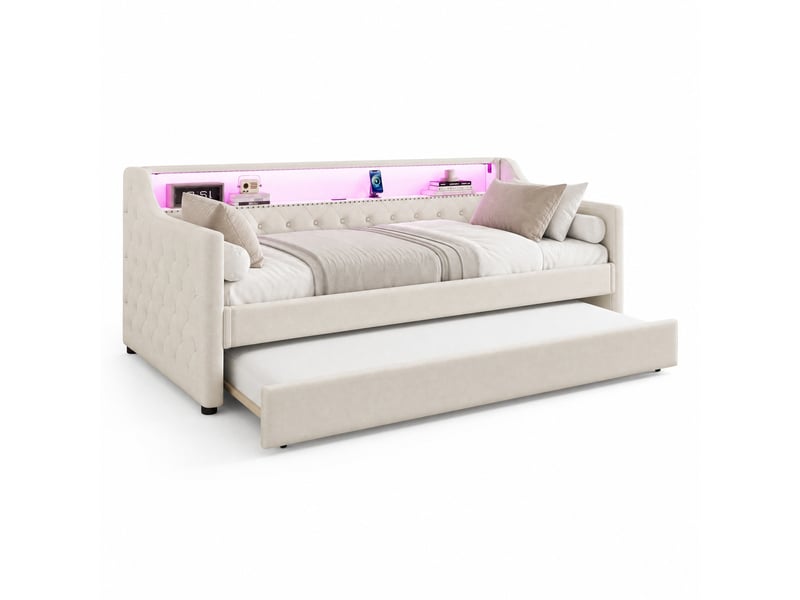  Lit gigogne 90x200 cm avec led et port usb mdf beige sans matelas  - Conforama A