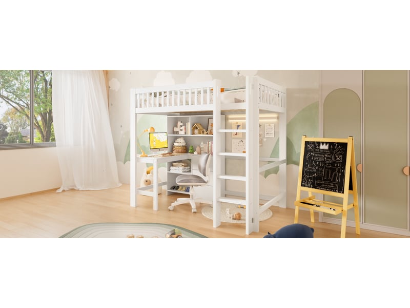  Lit superposé 90x200 cm blanc pin massif avec bureau échelle 3 tiroirs rangements sans matelas Sol Morn - Conforama E