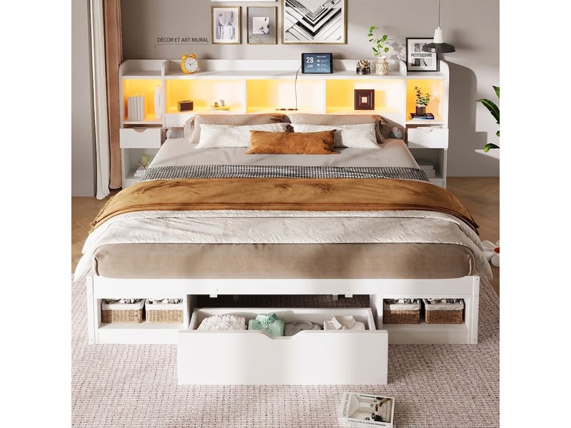  Lit double 180x200 cm avec rangement, cadre de lit blanc avec led, port usb et 3 tiroirs, lit adulte  - Conforama B