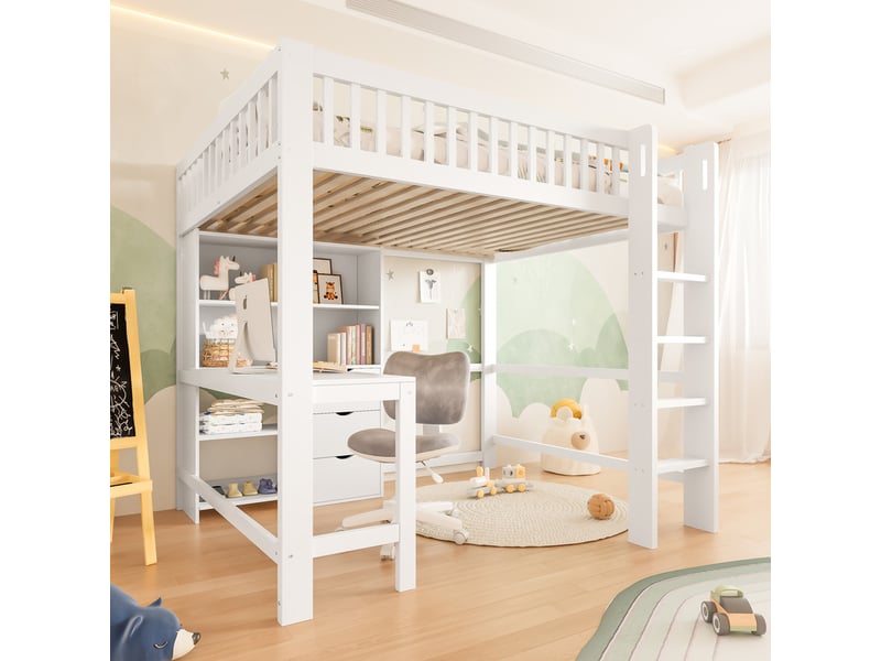 Lit mezzanine 140x200cm, plusieurs compartiments de rangement, échelle, bureau, 3 tiroirs, blanc - Conforama D