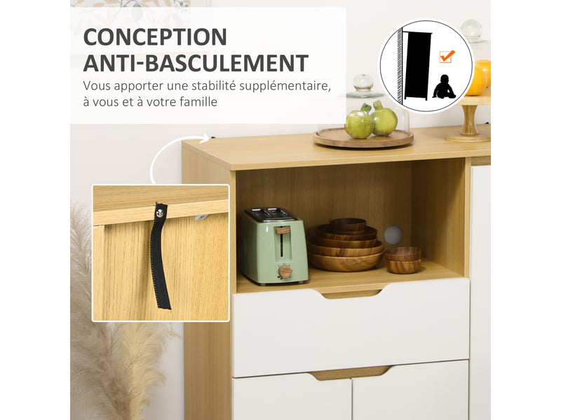 Meuble de rangement cuisine pour micro-ondes, 1 tiroir, 2 placards une étagère, bois et blanc, 90 x 40 x 98,5 cm - Conforama W