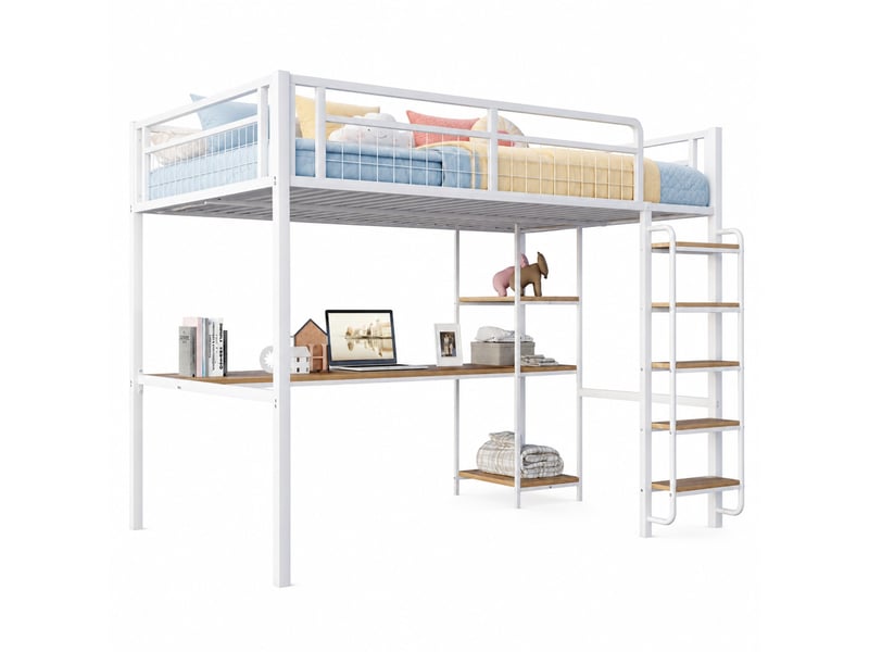  Lit mezzanine enfant 140x200 cm – blanc – bureau, étagères et échelle à larges marches – sans matelas  - Conforama A