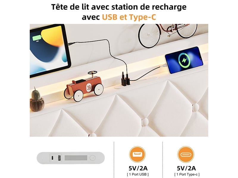  Lit coffre 160x200 cm avec led et usb, lit adulte capitonné avec rangement hydraulique, lit 2 places avec sommier à lattes, lit double avec tête de lit rembourrée, velours blanc  - Conforama E