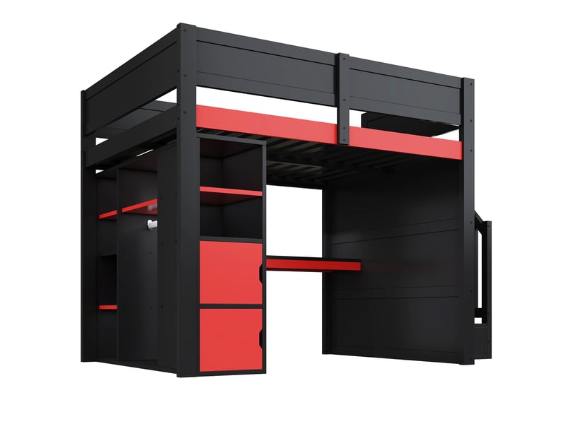  Lit mezzanine gaming 140 x 200 cm, bois, bureau, rangements multi-niveaux, led, usb, escalier noir, noirrouge  - Conforama E